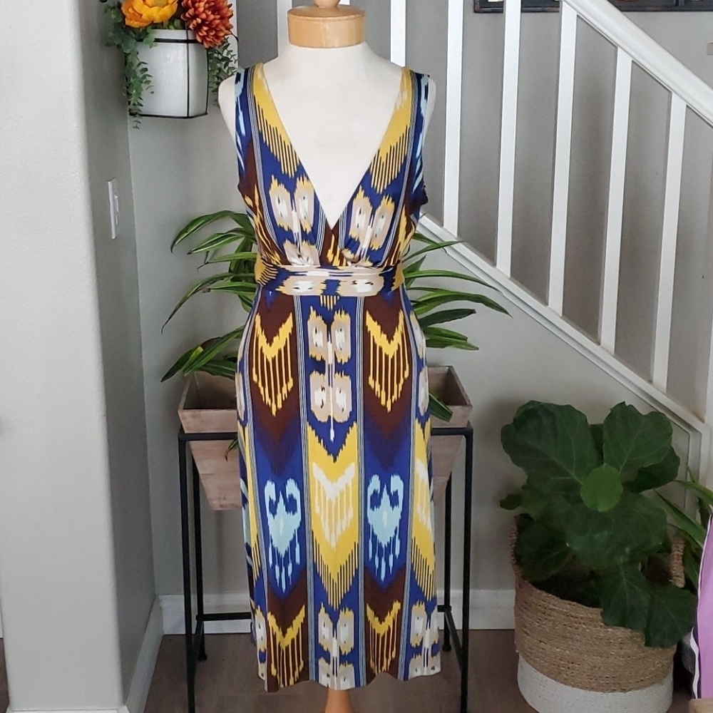 Tory Burch 100% Silk Ikat Resort Midi Dress Blue Yellow Small - Picture 3 of 10